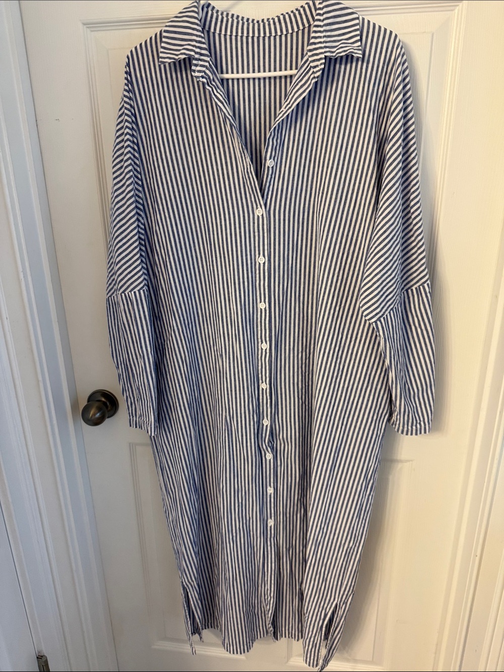Amazon Blue and White Striped Women’s Swim Coverup Button-Down